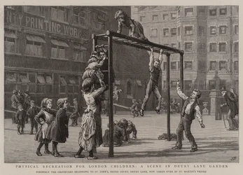 Körperliche Ertüchtigung für Londoner Kinder, eine Szene im Drury Lane Garten